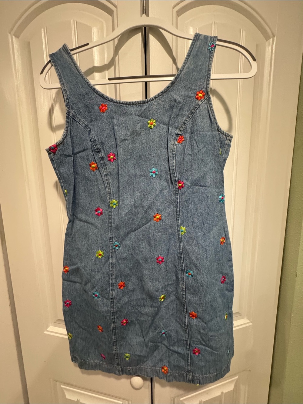 Denim Floral Embroidered Tank Dress - Blue